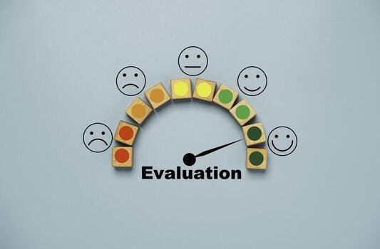 customer evaluation indicator rating print screen wooden cube block since low to high on blue background for client satisfaction after use product and service concept photo