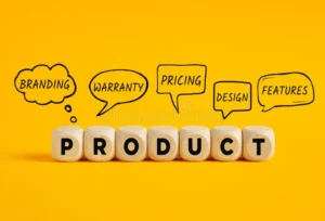 product development marketing strategy planning using wooden blocks composing word thought speech bubbles containing 425699906