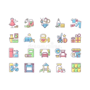 shopping mall categories rgb color icons set online store products bookstore toys shop fashion boutique drive cinema isolated 187269474
